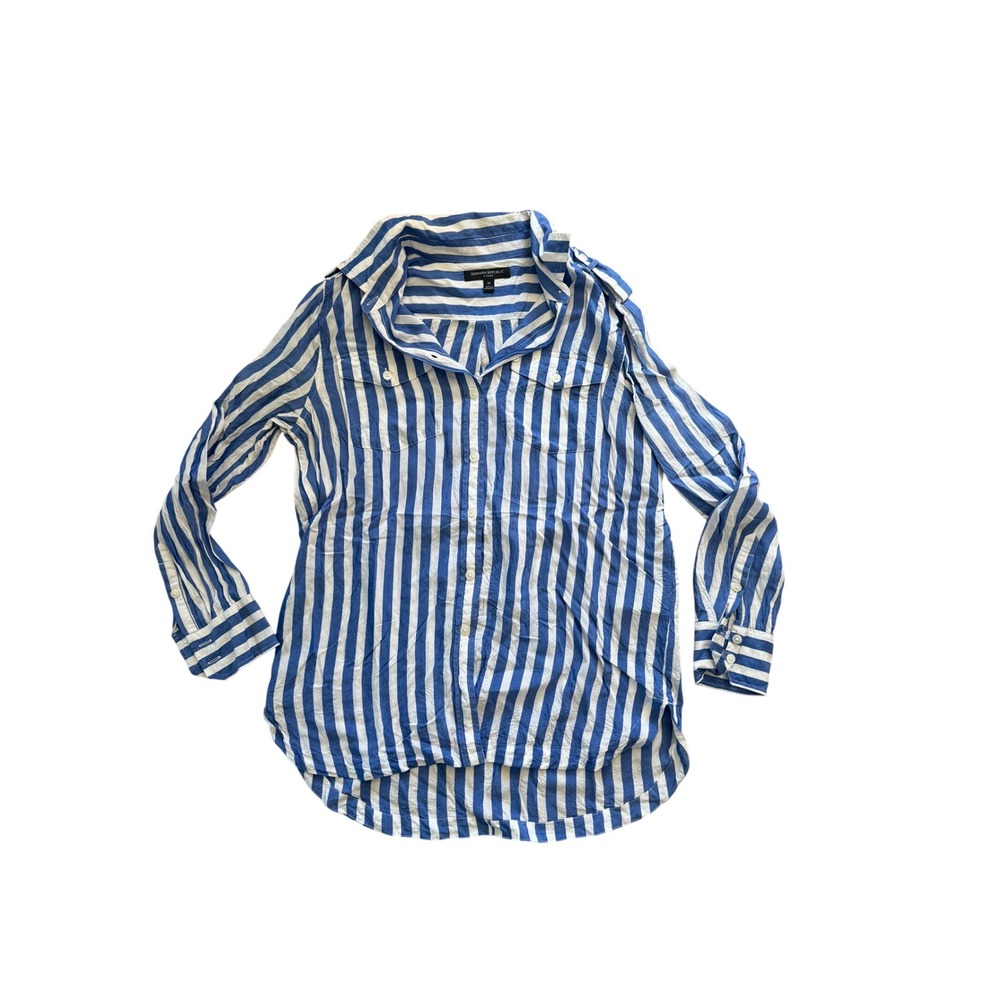 Banana Republic Parker Blue White Striped Utility Button Up Shirt Womens Medium